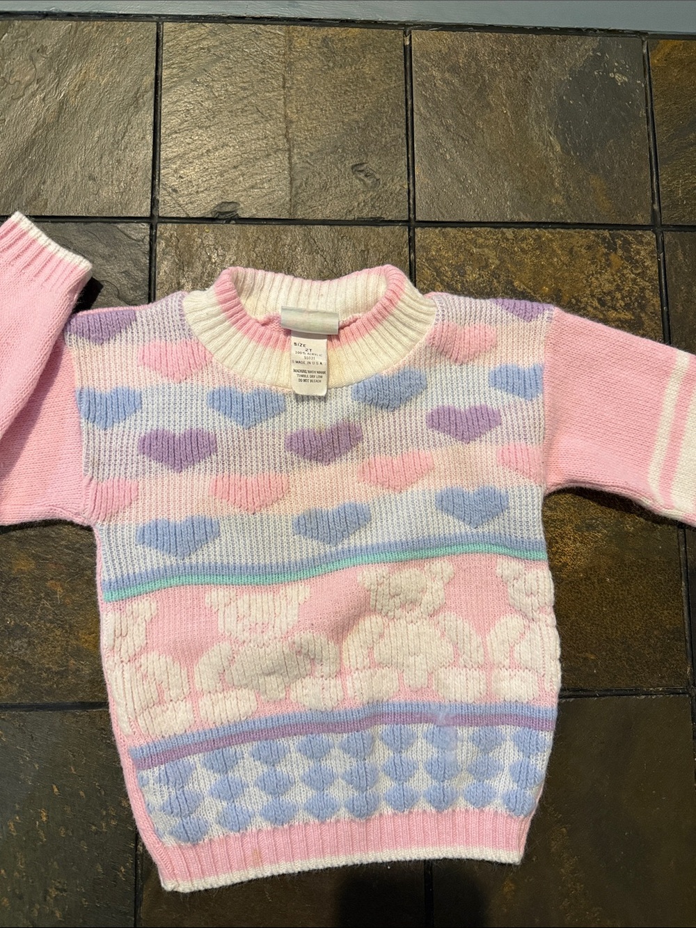 Vintage 1990s made in the USA Girls Pastel Heart & Bear Knit Sweater Top - Pink
